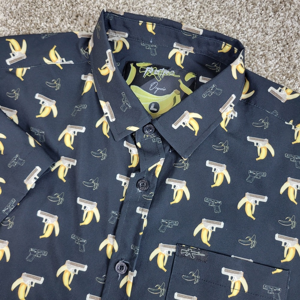 Retro‎ Rifle Organic Mens Large Black AOP Banana Clip Performance Button Down SS